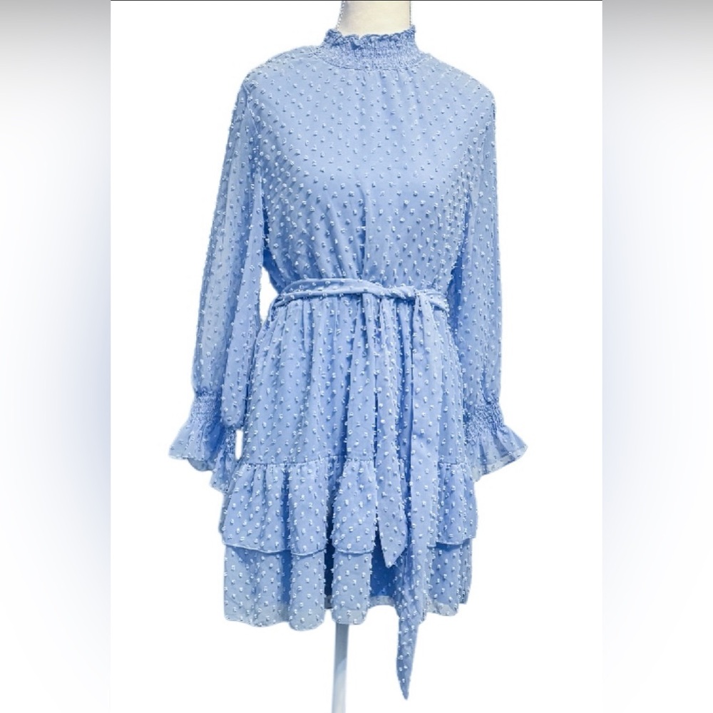 Light Blue Textured  Dots Ruffled  Dress..